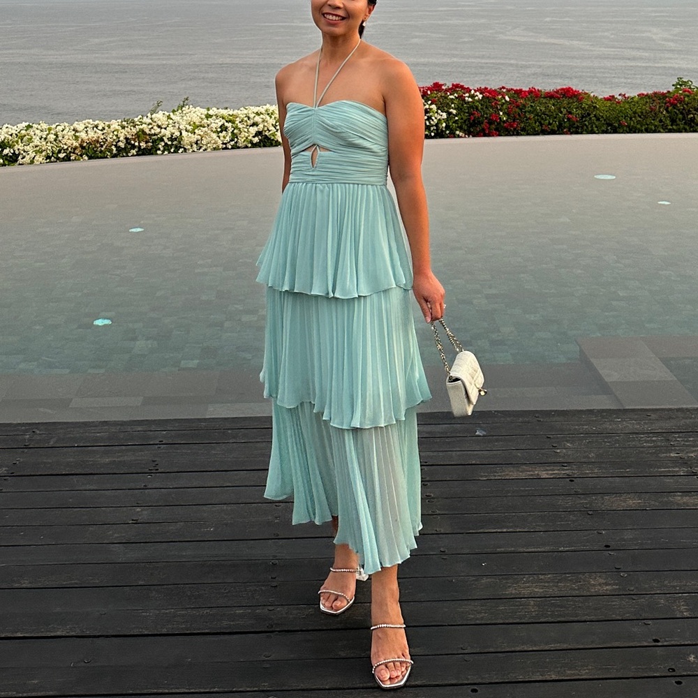 Self-Portrait Pleated #Chiffon Midi Dress in Blue